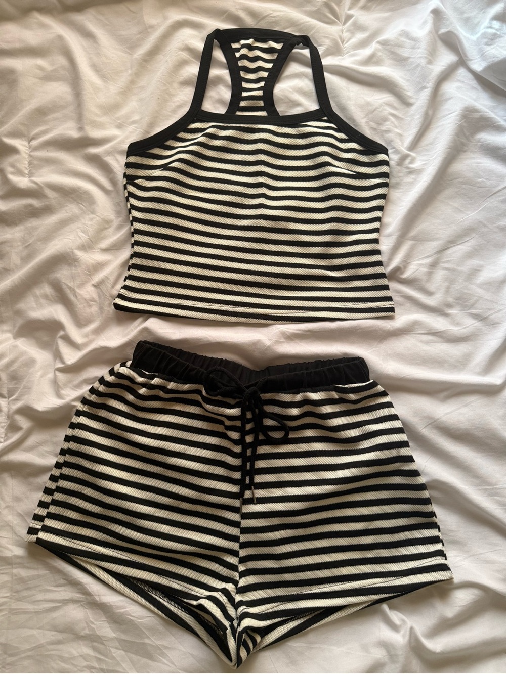 SHEIN Black & White Striped Racerback Tank and Drawstring Shorts Set